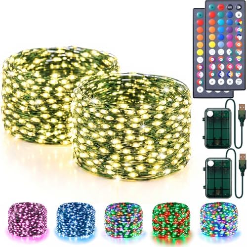 Lovelite Fairy Lights Battery & USB Operated, 2 Pack Total 40FT 120LED Halloween Fairy Lights 34 Colors Changing, Waterproof String Lights Green Wire for Bedroom Xmas Tree Indoor Outdoor Party Decor