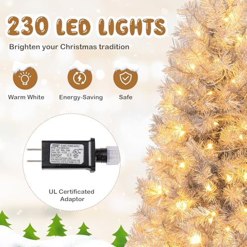 HAPPYGRILL 6 FT Pre-Lit Christmas Tree Silver Tinsel Artificial Xmas Tree with 553 Branch Tips, 230 Warm White LED Lights, Upgraded Metal Stand, Hinged Decoration Tree, Festive Celebration Tree
