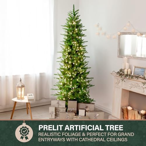 Fraser Hill Farm 9-Ft. Carmel Pine Slim Artificial Christmas Tree with Warm White LED Lights and Stand, Prelit Foldable Fake Tree with Realistic Foliage for Home Decoration