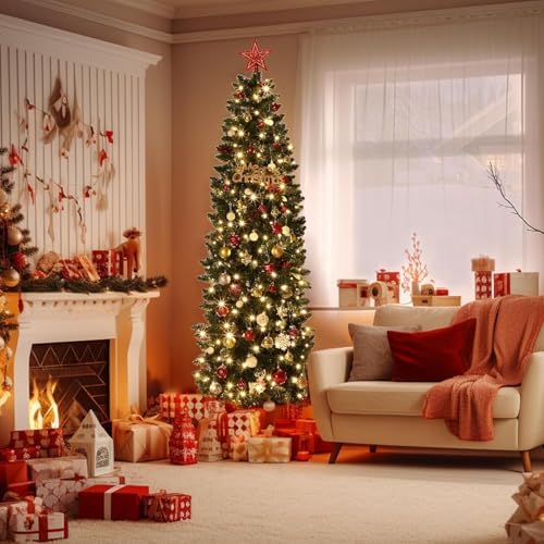 GarveeHome 9 ft Pencil Christmas Tree,Artificial Pre-Lit Christmas Tree,Realistic Xmas Tree Artificial Holiday Decoration for Indoor and Outdoor Use