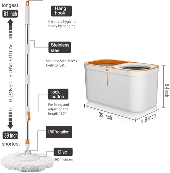 61" Spin Mop and Bucket Set,Wringer System for Cleaning,with 5 Refill Heads | Hands-Free Wringing with1 Brush,Stainless Steel Handle,Suitable for Tile Hardwood Laminate Floors,Easy Dirt Removal