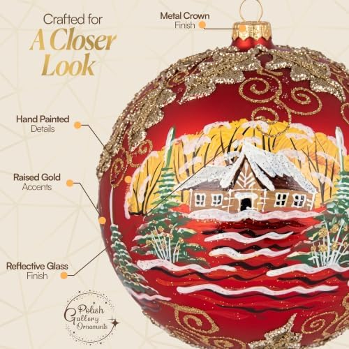 Hand Blown Glass Christmas Ornaments Ball, Gilded Mistletoe Red 8in + Stand