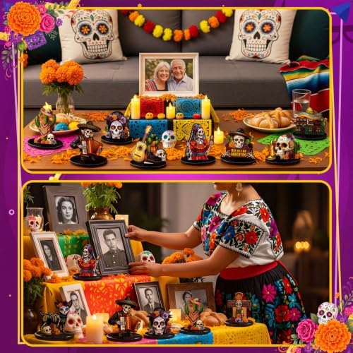 Leinuosen 12 Pcs Day of the Dead Table Decor Skull Wooden Tiered Tray Decor Dia De Muertos Centerpiece Guitar Cactus Sombreros Wooden Sign Day of the Dead Table Decorations for Home Kitchen
