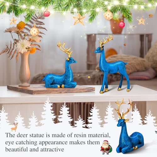 Thyle 4 Pcs Christmas Reindeer Decor Indoor Small Blue Resin Deer Figurine