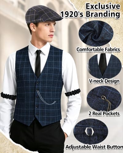1920s Mens Costume, Roaring 20s Costumes for Men 1920s Mens Outfit with Walking Cane Vest Hat 1920 Mens Accessories