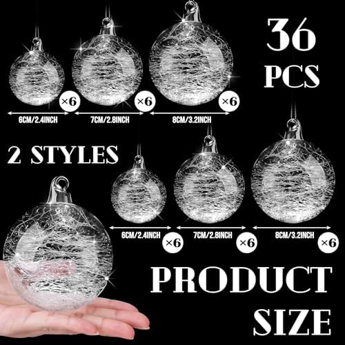 Uiifan 36 Pcs Clear Glass Christmas Ornaments Balls Bulk Blown Glass Christmas Tree Ornaments Assorted Size Iridescent Balls Xmas Tree Home Decorations (2.36 in,2.76 in,3.15 in)