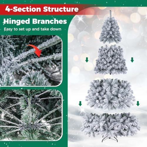 Happygrill 7.5FT Christmas Tree, Premium PVC Needles, 1010 Branch Tips, Pre-Lit Flocked Snow Hinged Pine Tree with Solid Metal Stand, 450 LED Lights, Ideal for Holiday Decoration, White