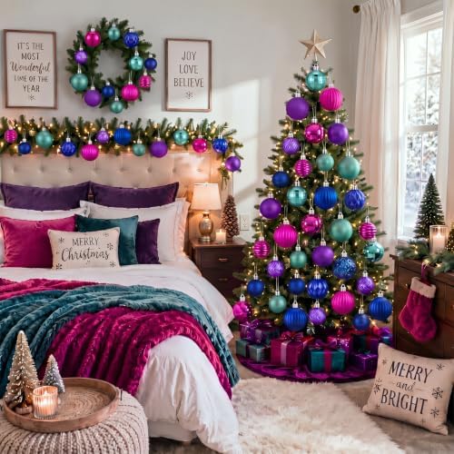 Lunmon 64 Pcs Christmas Ball Ornaments Blue Purple Hot Pink Teal Xmas Bulbs Ornament 1.6/1.97/2.4 Inch Plastic Hanging Decoration Assorted Size Christmas Decorations for Tree Home Wreath Party Decor