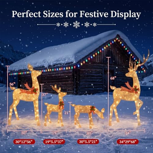 5.7FT Christmas Reindeer Family Set, 4Pcs 3D Christmas Decorations Outdoor Deer with 255 LEDs Outdoor Yard Decoration, Stakes, Zip Ties - Gold
