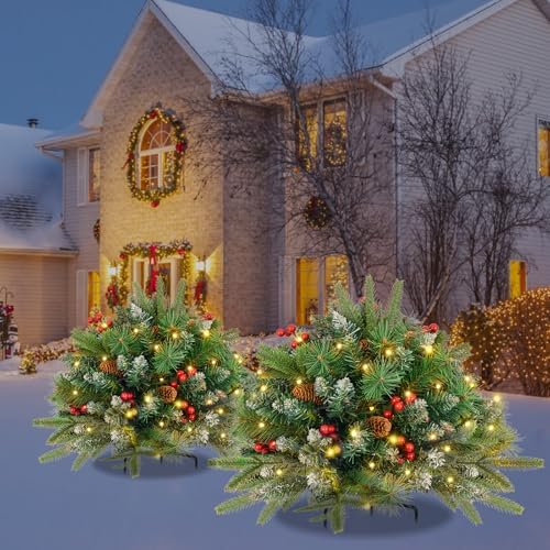 Christmas Tree Urn Filler, Battery Operated with Timer, Pre-lit Warm White & Multi-Color Changing LED Lights, Artificial Xmas Tree for Porch, Pathway, Yard, Outdoor Holiday Decoration (2, with Snow)