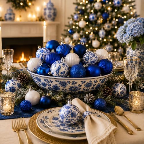 Lunmon 64 Pcs Chinoiserie Christmas Ornaments Blue and White Xmas Bulbs