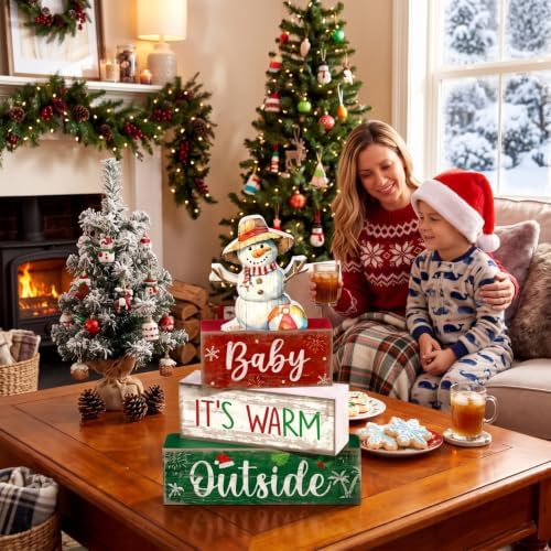 Lineshading 4 Pcs Christmas Table Decoration, Wooden Snowman Beach Sign Set