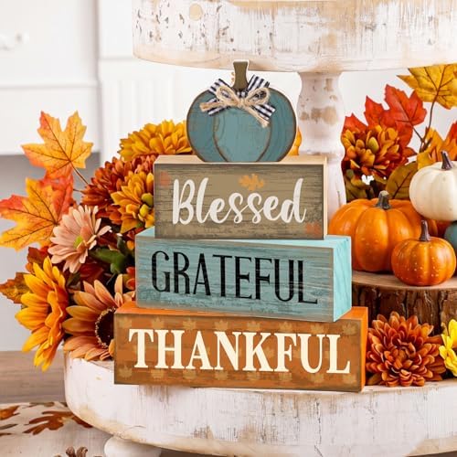 Lineshading 4 Pcs Fall Table Decor for Home, Blue Wooden Pumpkin Block Sign