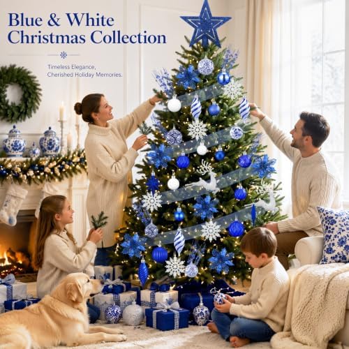 CroBlissful 118 Pcs Royal Blue Christmas Tree Decoration Set Including Ball Deer Ornament, Mesh Ribbon, Snowflake Icicle, Trees Top Star, Flower, Berries Stem Chinoiserie Christmas Decor for Xmas Tree