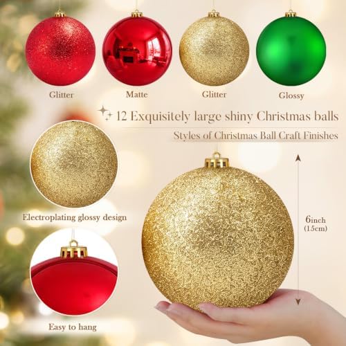 Jenaai 12 Pcs Large Christmas Ball Ornaments, 6 Inch Big Oversized Shatterproof Christmas Tree Decorations Matte Glitter Giant Jumbo Plastic Hanging Baubles for Xmas Holiday Party Indoor Outdoor