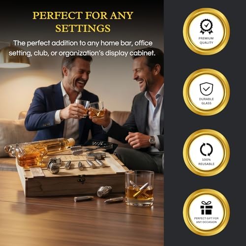 Bullet Whiskey Stones with Vintage Wooden Case, 9oz Gun Decanter, Stainless Steel Ice Cubes Chilling Bullets, Grenades, Pistol, Tongs, Velvet Bag Whiskey Gift Set for Men, Dad, Husband, Boyfriend Cool