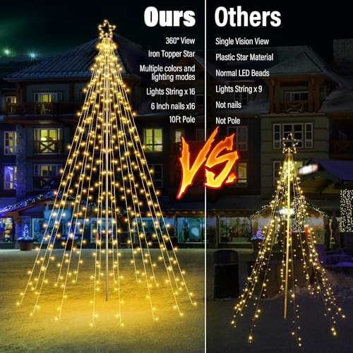 Outdoor Christmas Tree Lights with Pole, 10 FT, Warm White and Multicolor