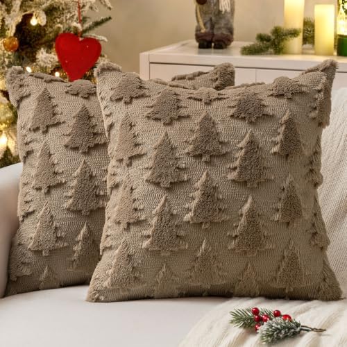 MIULEE Christmas Throw Pillow Covers Coffee Christmas Decorations Set of 2 Xmas Tree 18x18 Pillow Covers Soft Plush Faux Wool Pillowcases Holiday Festivals Winter Home Decor Sofa Couch Bed Porch