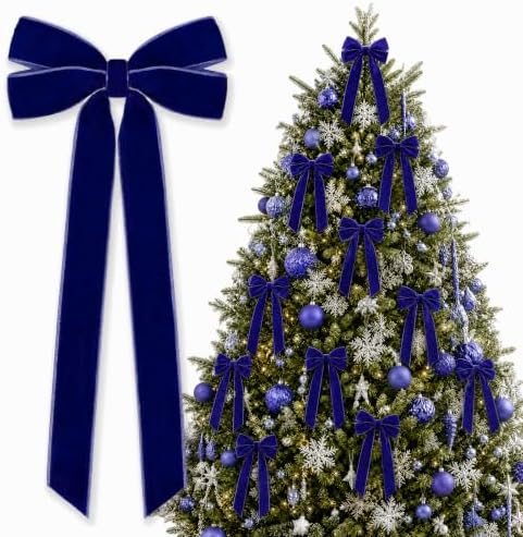 12Pcs Blue Velvet Ribbon Bows Christmas Tree Decorations,5in x 10in Xmas Ornaments for Tree Home Party Front Door Wreath Garland Holiday Decor