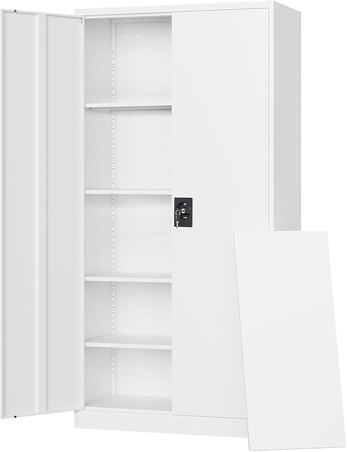 Metal Garage Storage Cabinets with Lock Door and Adjustable Shelves, Steel Tool Cabinets for Home,Office,Warehouse Organisieren (White, 72" H)