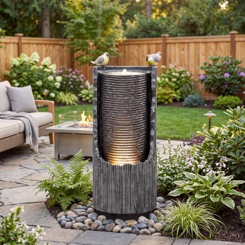 AUTODAYA 32" Bird Outdoor Fountain Distressed Fluted Column with Lights