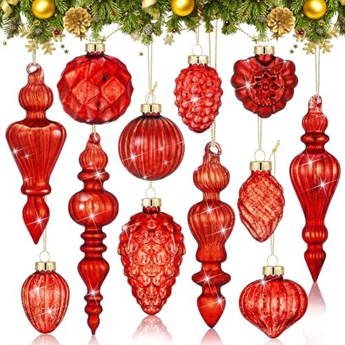 Vercraft 20 Pcs Vintage Mercury Glass Finial Christmas Ornament, Red