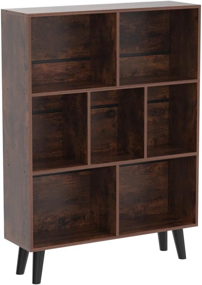 LEYAOYAO Cube Bookshelf, Mid-Century Modern Book Shelf with Legs, Brown | 3 Tier Bookcase, Rustic Wood Bookshelves, Freestanding Small Storage Organizer, Open Shelves for Bedroom, Living Room, Office