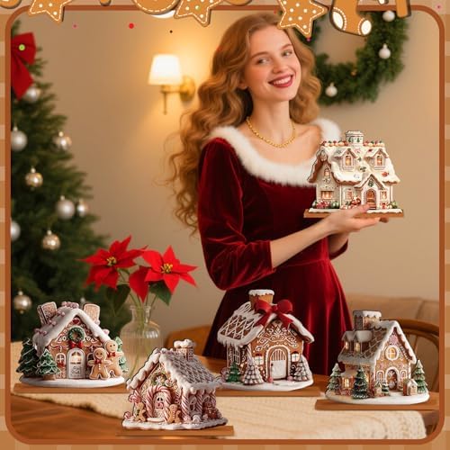 RattanView 5 Pcs Gingerbread Christmas Table Decor, Gingerbread Village Set