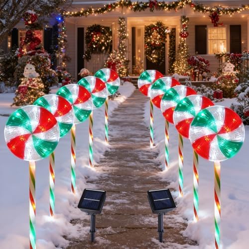 BRIGHTDECK 10 Pack Solar Christmas Pathway Lights, Lollipop Stakes