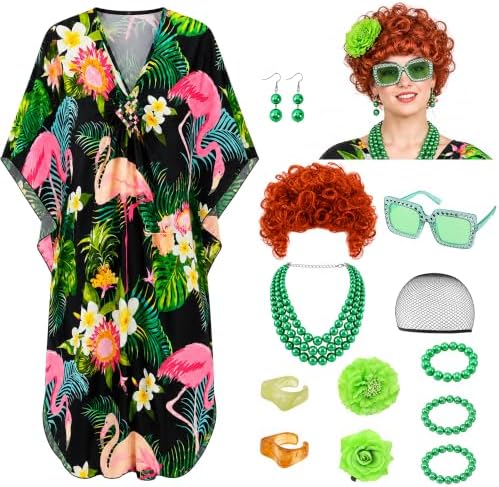 Halloween Women Landlady Costume Caftan Dress Curly Wig Jewelry & Sunglass