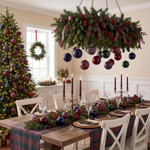 6 Pcs Plaid Christmas Ball Ornaments 4 Inch Green Blue Burgundy Balls