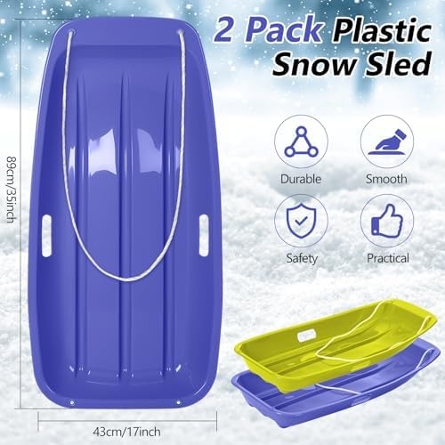 Poen 2 Pcs Plastic Snow Sled 35" Downhill Sprinter Winter Toboggan Sled Board with Pull Rope and Handles Snow Sleds for Kids Adults Downhill Sledding Sleigh Sand Board Sleigh