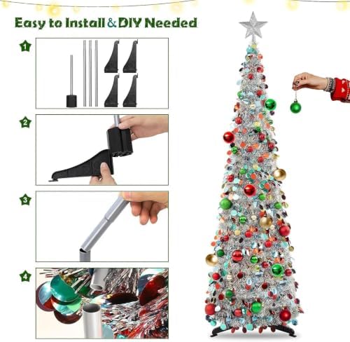 N&T NIETING Pop Up Silver Mix Tinsel Christmas Tree with Lights & 30 Balls, 5Ft Collapsible Skinny Christmas Tree for Holiday Xmas Home Office Decor