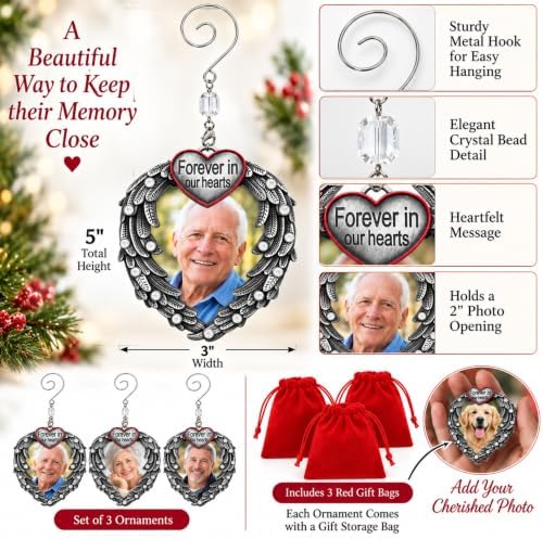 Memorial Photo Ornament for Loss of Loved One, Forever in Our Hearts Silver Heart Ornament with Angel Wings, Personalized Picture Memorial Christmas Ornament, Sympathy Gift, 3 Pack with Storage Bag