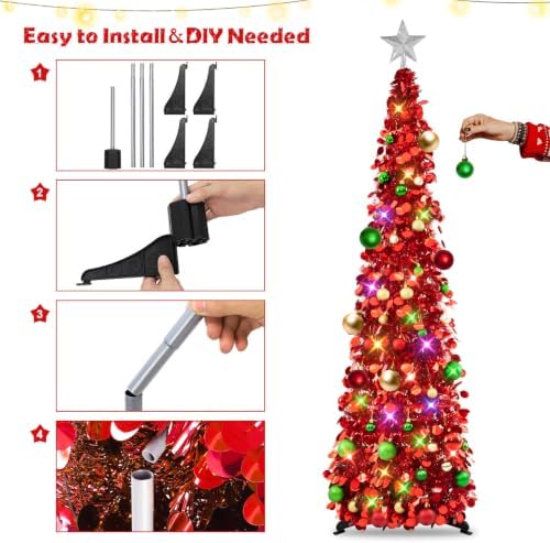 N&T NIETING Pop Up Christmas Tree with Lights & Ornaments, 5FT, Red