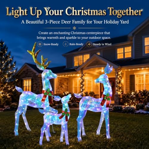 48" 3-Piece 2.5D Colorful Lighted Christmas Deer Family Outdoor Decorations, Clear-Look Reindeer Set with 145 Lights, Gold Antlers, Stakes and Zip Ties for Yard Lawn Porch Garden Holiday Decor