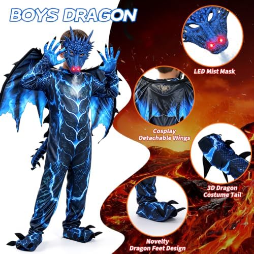 Kids Dragon Costume, Boys Dragon Halloween Costume with Mask, Wings & Tail