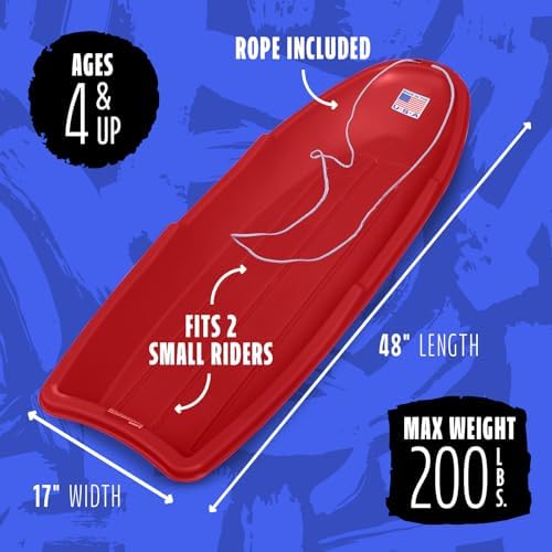 Flexible Flyer Winter Lightning Snow Sleds for Kids and Adults (Red) - 48 Inch Toboggan Style Plastic Sled with Hard Bottom for Fast, Smooth Rides - 1 or 2 Riders