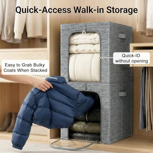 GoMaihe Blanket Storage Bins with Metal Frame for Closet, 55L 4-Pack Grey