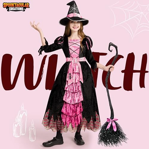 Spooktacular Creations Fairytale Witch Cute Witch Costume Deluxe Set with Broom for Girls