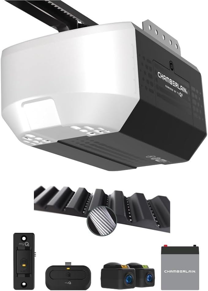 Chamberlain Belt Drive myQ Garage Door Opener, 1/2 HP w/Battery Backup | Ultra quiet, myQ compatible, Includes: 2 remotes, wall control, battery backup & safety sensors, 5-year motor warranty