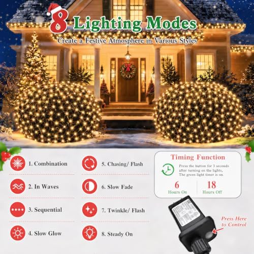 Lovelite 510LED Christmas Net Lights, 28ft x 5ft Net Lights Outdoor 8 Modes, Waterproof Connectable String Lights Green Wire Plug in for Xmas Tree Bushes Garden Holiday Party Decor - Warm White