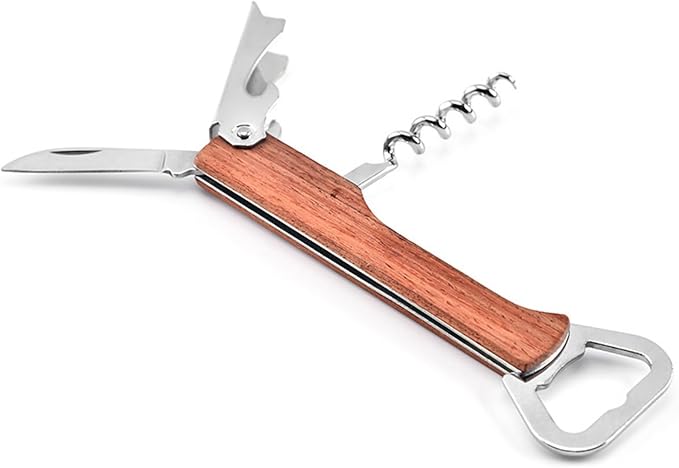 Stainless Steel Red Wine Opener Wood Handle With Leather Professional Multifunction Portable Screw Corkscrew Kitchen Bar Tools(Black)