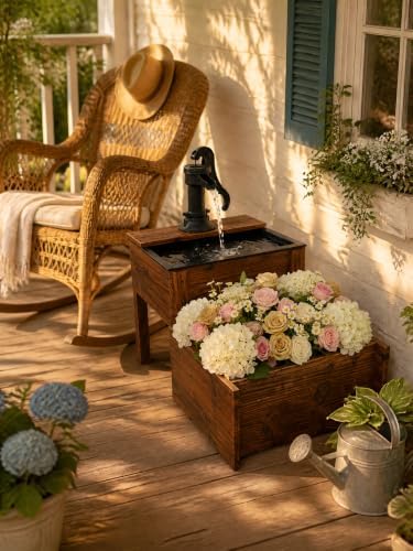 Outdoor Water Fountain, Floor Wooden Rectangular Double-Layer Old-Fashioned Hand Pump Fountain with Flower Box, Solar-Powered Electric Decorative Water Feature for Garden Patio Backyard