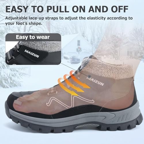 Moodeng Mens Winter Boots Casual Lightweight Snow Boots Warm Fur Lined Hiking Boots Water-Resistant Comfortable Ankle shoes Outdoor Walking