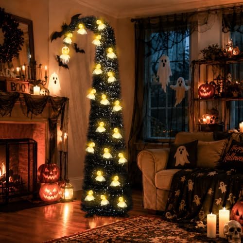 6FT Black Halloween Pop Up Christmas Tree with Ghost String Lights