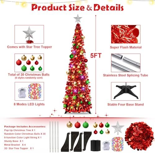 N&T NIETING Pop Up Christmas Tree with Lights & Ornaments, 5FT, Red