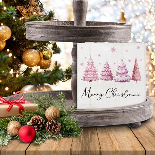 Merry Christmas Decorations - Pink Christmas Tree Wooden Sign