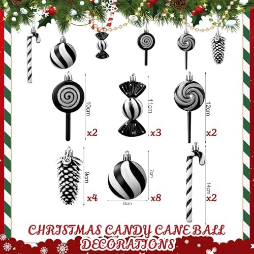 Hollowfly 27 Pcs Large Candy Christmas Decorations 7.87" Peppermint Lollipop Candy Christmas Decorations with Hanging Xmas Tree Ornaments Lollipop for Home Xmas Party Decor(Black and White)