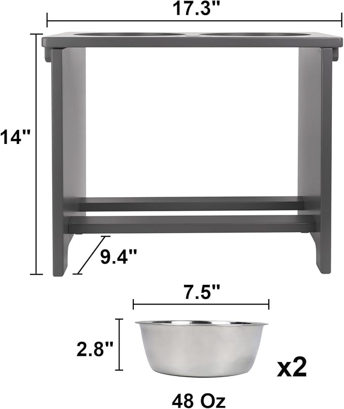 HTB Elevated Dog Bowl Stand with 2 Stainless Steel Bowls-14 H X-Large Grey | Raised Dog Bowl Stand, 14"tall, 48 Oz Bowls, for Large Sized Dogs, Pet-safe, Solid Bamboo